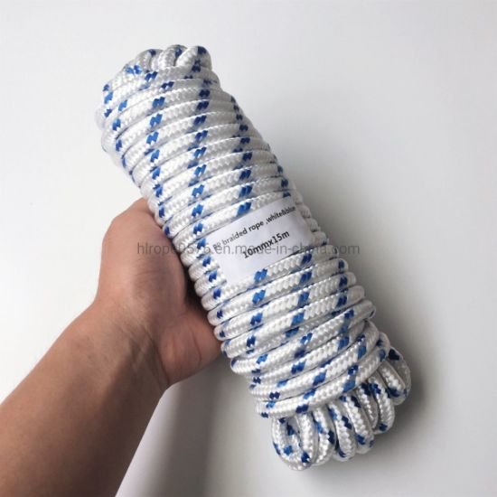 白色和蓝色10mmx15m重型编织聚丙烯绳PP船绳帆船野营晾衣绳固定线